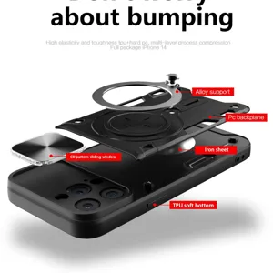 Beschermhoes voor iPhone 14 met schuifbare cameraklep, ringstandaard en duurzame PC TPU-constructie.