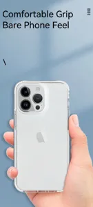 Detail de coque de telephone transparente avec protection antichoc et design fin.