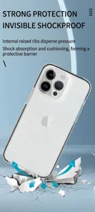 Vue détaillée de coque de téléphone antichoc transparente avec protection et design de cadre.