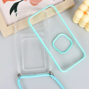 Clear cross-body phone case detail view, TPU transparent soft back cover with card holder and strap.