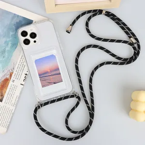 Clear phone case with card holder and black cross-body lanyard for iPhone detail shot.