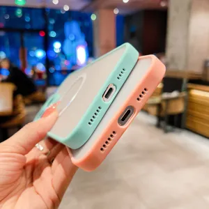 Magnetic frosted silicone phone case bottom detail showing precise ports and colors.