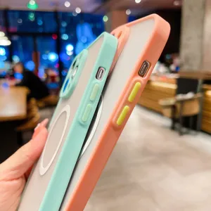 Detailed closeup of colorful magnetic phone cases featuring vibrant contrasting buttons.