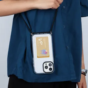 Clear transparent phone case with cardholder slot and lanyard strap, convenient crossbody style.