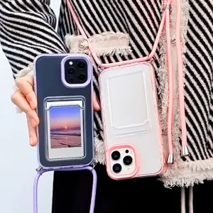 Detailed view of the crossbody phone case with card holder and adjustable lanyard strap.