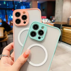 Close-up detail of magnetic matte translucent phone case with colorful camera lens protector.
