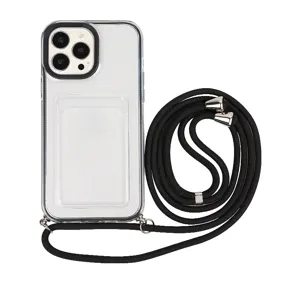 Clear TPU phone case with card slot and black lanyard crossbody strap for daily convenience.