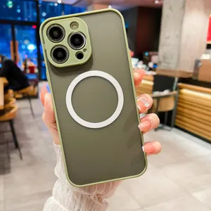 Matte magnetic phone case detail showcasing camera protection and sleek olive green texture.