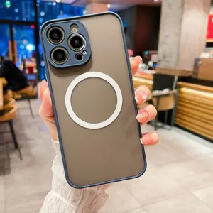Magnetic phone case detail view featuring camera protection frame and wireless charging ring.