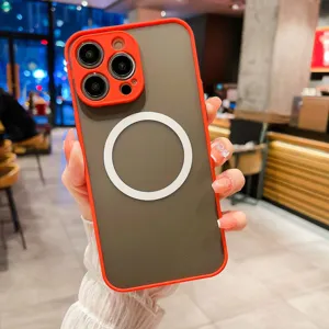 Skin-feel magnetic phone case with camera protector and contrast color frame for iPhone models.
