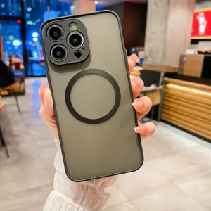 Magnetic frosted phone case detail shot, featuring camera lens protection and ring.