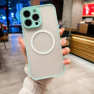 Closeup of magnetic frosted phone case with camera lens protection and sleek matte finish.