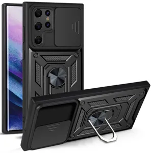 Rugged phone case for Samsung with slide camera cover and metal ring holder stand black.