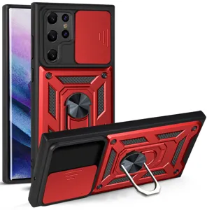 Armor phone case with sliding camera cover and metal ring kickstand, heavy duty protection.