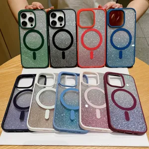 Glitter magnetic phone case with gradient transparent design for apple iphone series protection