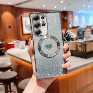 Silver glitter magnetic phone case with heart pattern for Samsung, stylish protective cover.