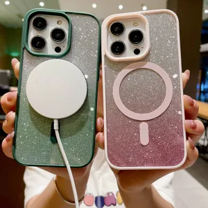 Glitter magnetic phone case compatible with iPhone, gradient luxury sparkling back cover detail.