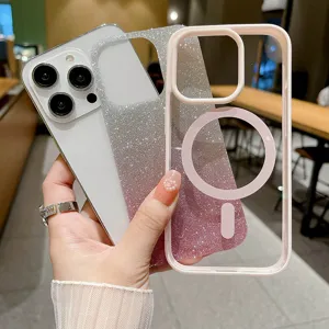 Glitter magnetic phone case for iPhone, transparent shockproof protective back cover.