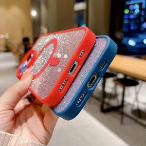 Glitter magnetic phone case compatible with iPhone, clear sparkling back and colorful bumper.