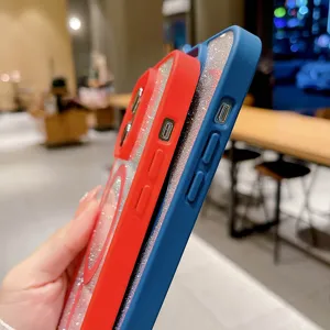 Glitter magnetic phone case side detail showcasing vibrant red and blue protective covers clearly.