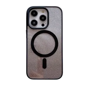 Glitter MagSafe phone case detail showing sparkling back panel and black magnetic ring structure.