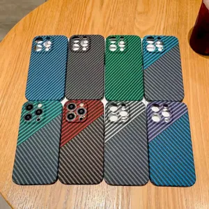 Carbon fiber texture detail shot showcasing multiple color options of the phone case.