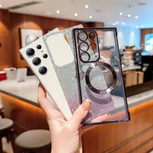 Magnetic glitter phone case with heart gradient design, compatible with Samsung Series.