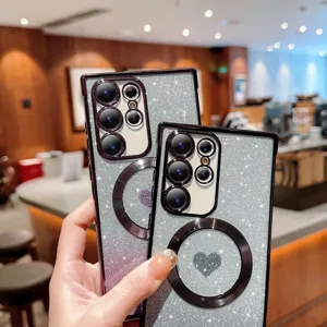 Magnetic glitter gradient heart phone case with camera protection for Samsung models. Detail shot.