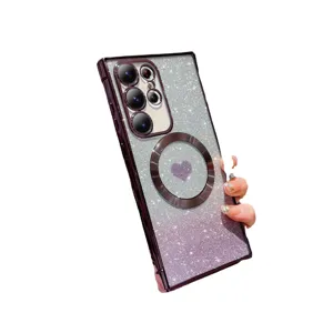 Magnetic glitter phone case with heart design for Samsung featuring magnetic ring support.