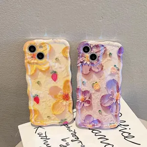 Wavy silicone phone case with textured oil painting flowers and cute strawberries for iPhone.