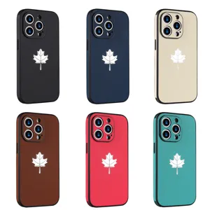 Business Leather Texture Drop Proof Phone Case With White Leaf Pattern For 14 13 12 11 Pro Max Plus Protective Cover