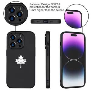 Black leather texture phone case with maple leaf logo, 360-degree camera and screen protection.