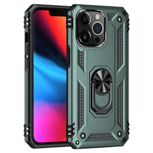 Rugged armor phone case with ring holder heavy duty drop protection green cover for smartphone