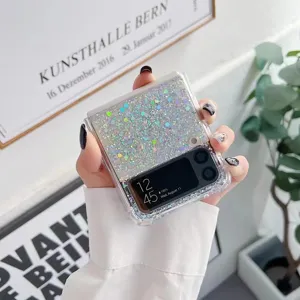 Klare Glitzer Epoxid Handyhülle Detailansicht, schimmernde Perlmuttflakes, flexibles Cover.