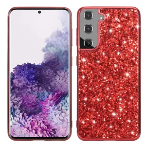 Red glitter sparkly phone case detailed view, gorgeous bling protective cover for smartphone.