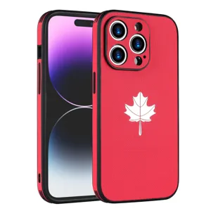 Red leather texture iPhone case with white maple leaf pattern, shockproof protective cover.