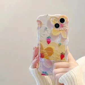 Wave edge silicone iPhone case featuring artistic oil painting floral and cute strawberry prints.