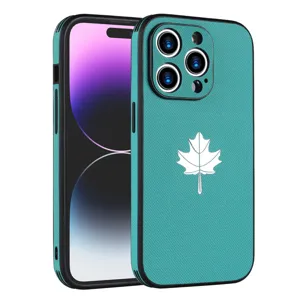 Detailed view of the luxury leather texture iPhone case with elegant white leaf pattern.