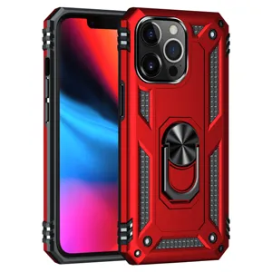 Detailed view of red heavy-duty rugged phone case with ring holder and reinforced corners.