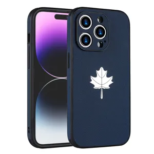 Blue leather texture phone case with maple leaf design dropproof for iPhone models
