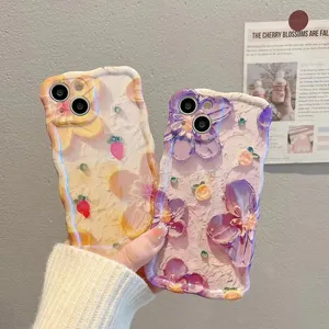 Detailed close-up of 3D embossed oil painting floral and strawberry phone case with wavy edges.