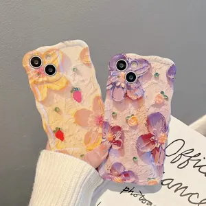 Wavy silicone phone case with oil painting floral and strawberry design for iPhone 14 13