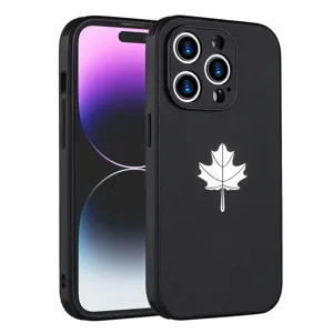 Black leather texture iPhone case with white maple leaf pattern, anti-drop design.
