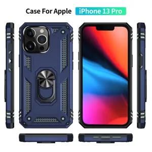 Rugged protective case for iPhone 13 Pro with ring holder armor design blue cover.