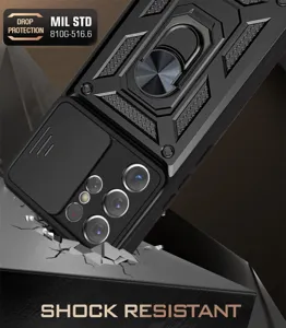 Detalle de funda protectora resistente con cubierta de cámara deslizante y soporte anillo.
