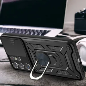 Vista detallada de la funda protectora resistente con cubierta de cámara y soporte de anillo.
