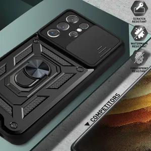 Funda protectora resistente para Samsung con cubierta de cámara deslizante y soporte de anillo.