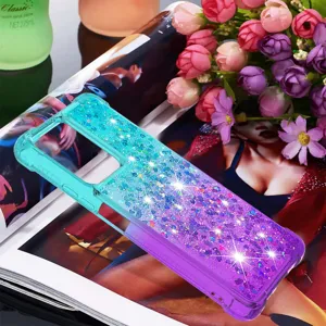 Verloop glitter drijfzand hoesje met valbestendige hoeken voor verschillende telefoonmodellen.