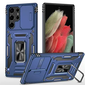 Ανθεκτική θήκη κινητού για Samsung S25 Ultra με συρόμενο κάλυμμα κάμερας και βάση δαχτυλιδιού.