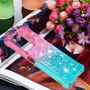 Gedetailleerd overzicht van kleurverloop glitter quicksand telefoonhoesje met hoekbescherming.